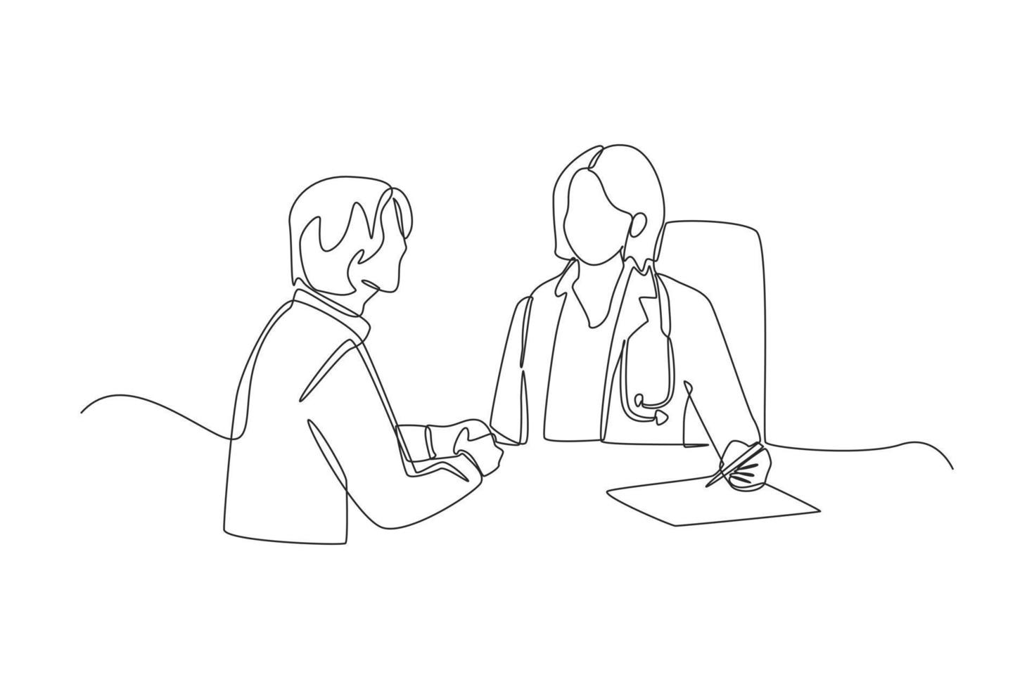 paciente de desenho de linha contínua tendo consulta sobre sintomas de doença com médica no hospital. conceito de médico e paciente. única linha desenhar desenho ilustração gráfica de vetor. vetor