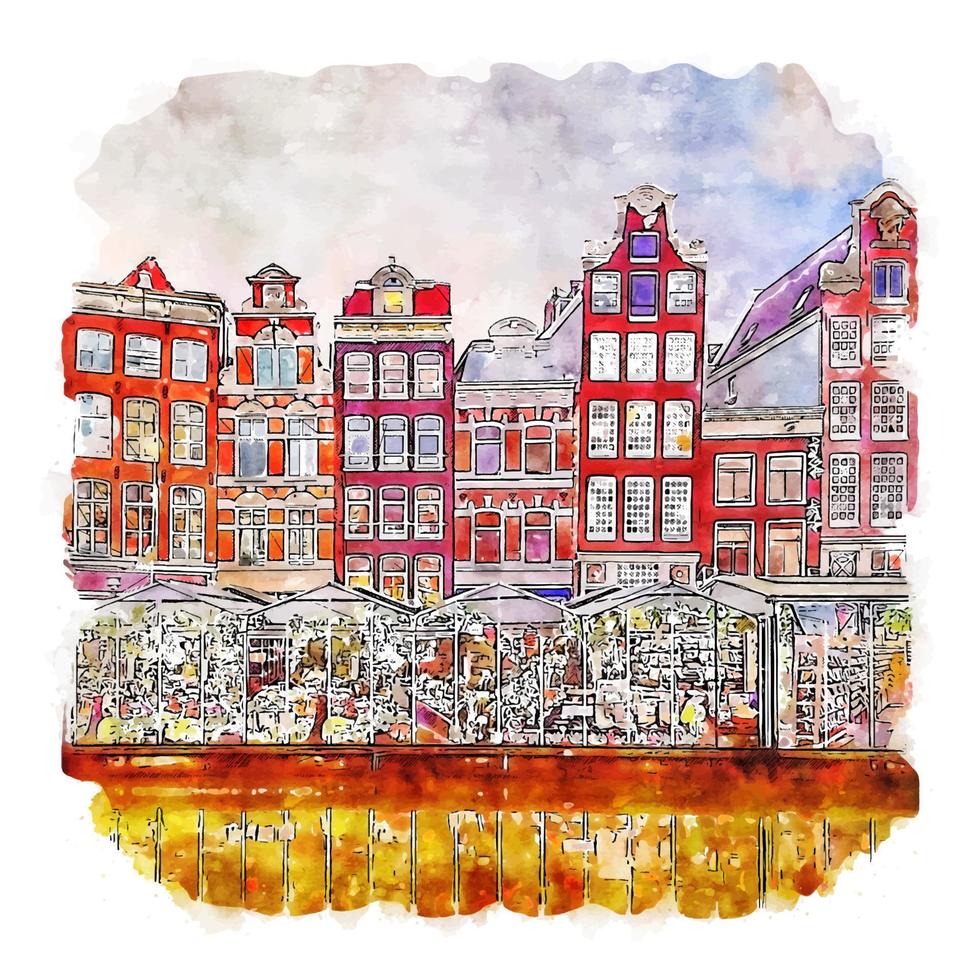 amsterdã holanda aquarela esboço ilustração desenhada à mão vetor