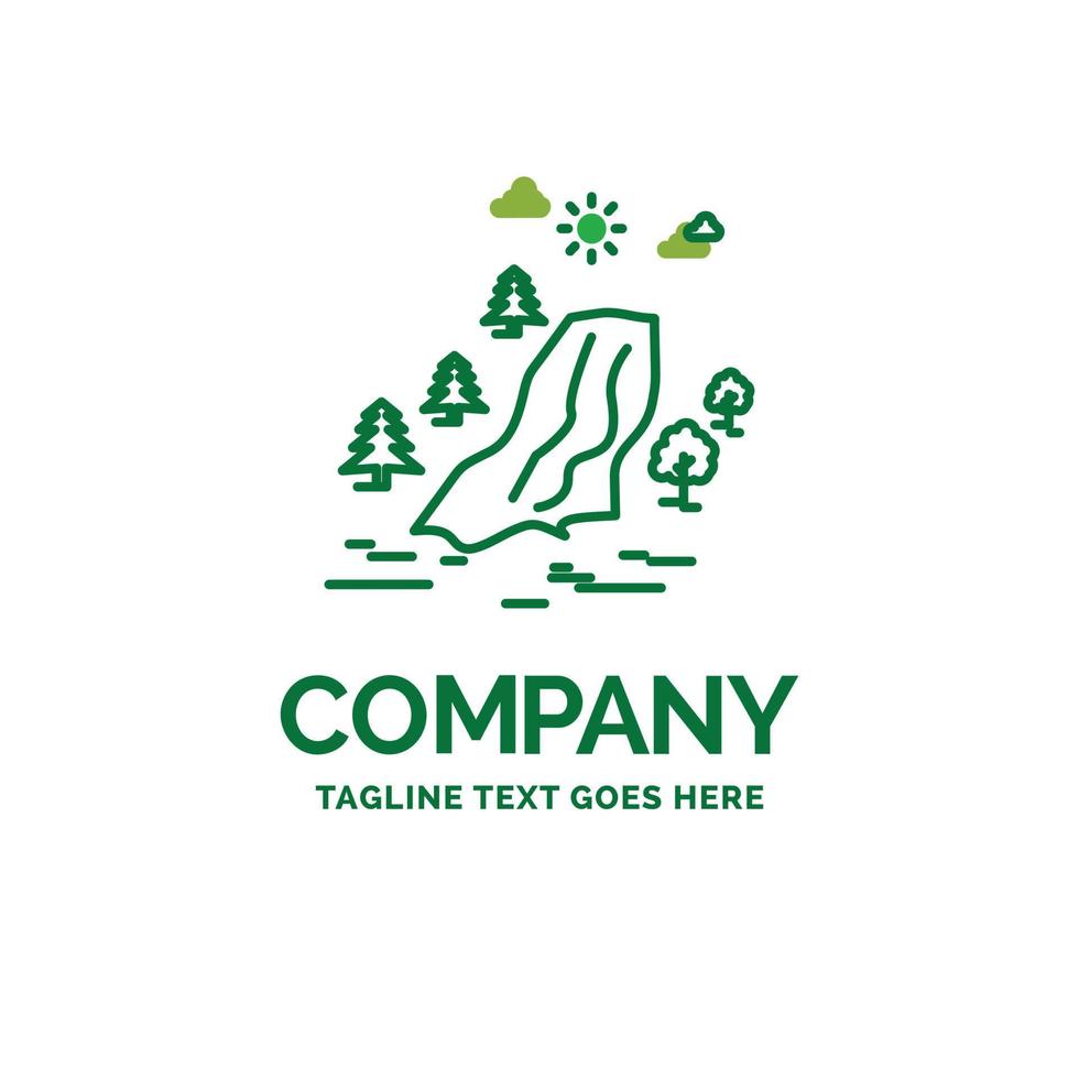 cascata. árvore. dor. nuvens. modelo de logotipo de negócios plana de natureza. design de marca verde criativo. vetor