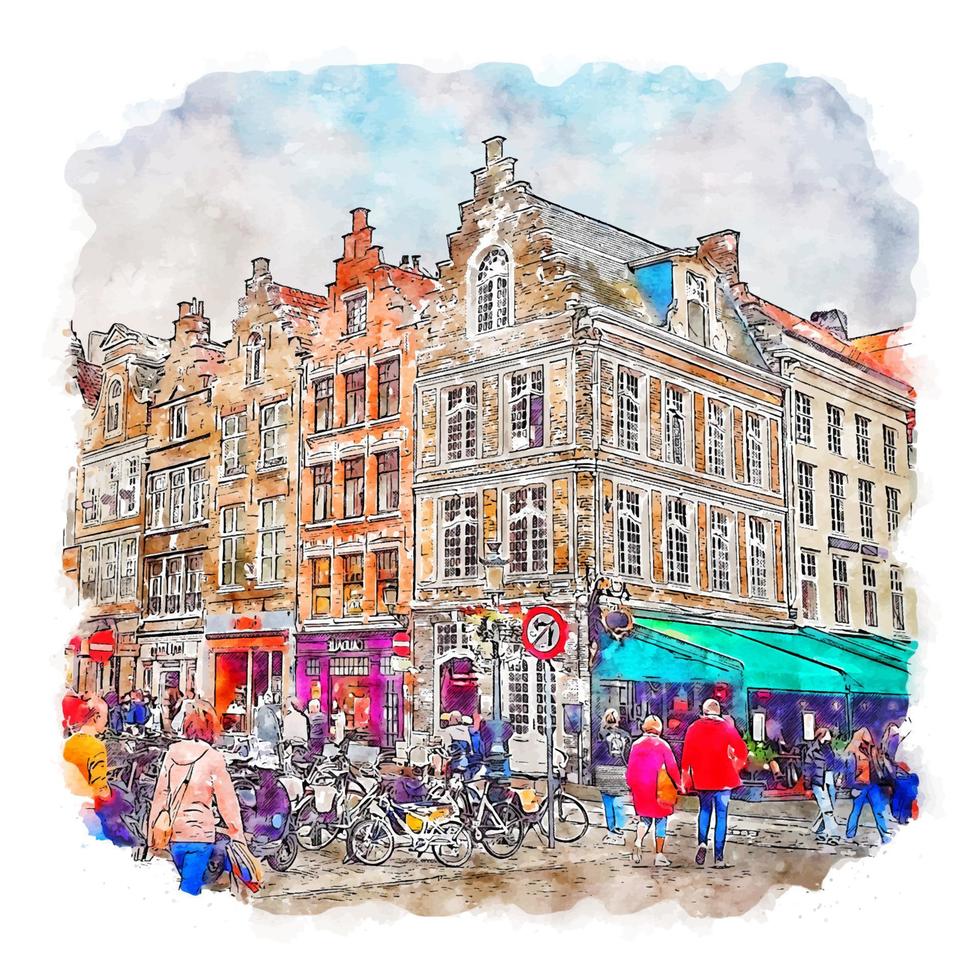 brugge bélgica esboço em aquarela ilustração desenhada à mão vetor