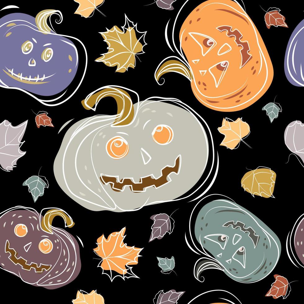 padrão sem emenda de halloween com lanternas de abóboras e folhas de outono de cores diferentes em um fundo preto. fundo festivo com abóboras para o halloween para impressão, papel de embrulho, banner, vetor