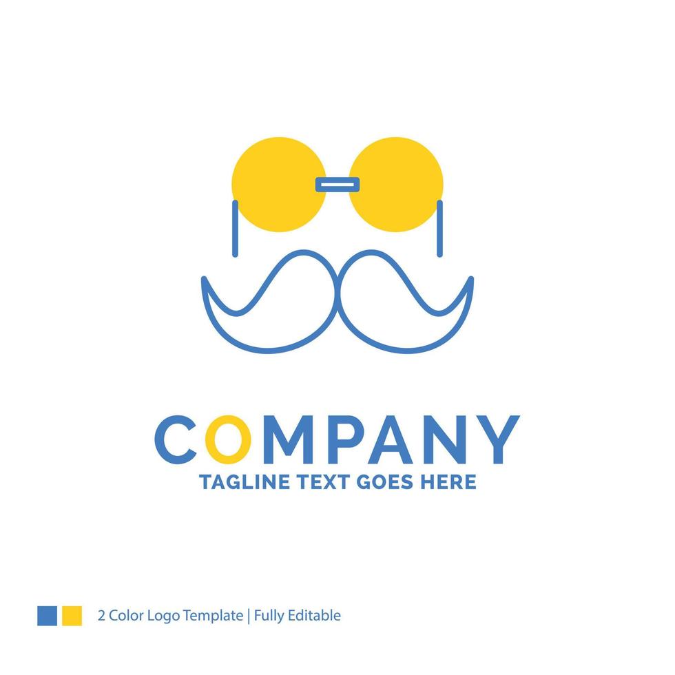 bigode. hipster. moveleiro. óculos. modelo de logotipo de negócios amarelo azul de homens. lugar de modelo de design criativo para slogan. vetor