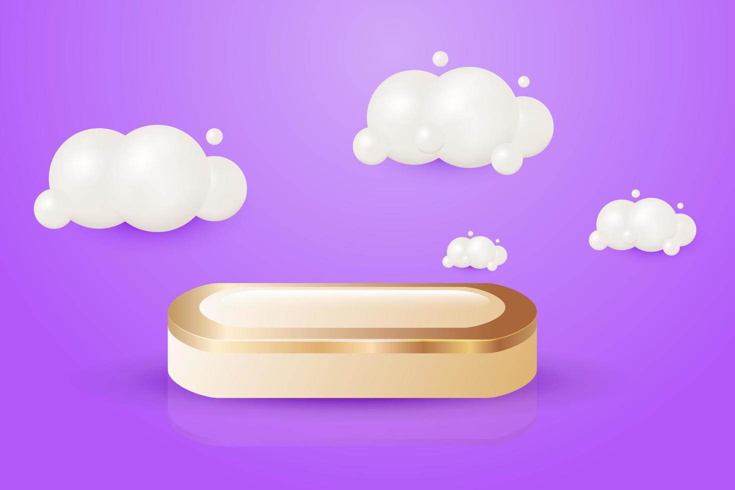 palco dourado de pódio pastel de ouro de luxo 3d realista em fundo roxo com cena de pódio e nuvens brancas vetor