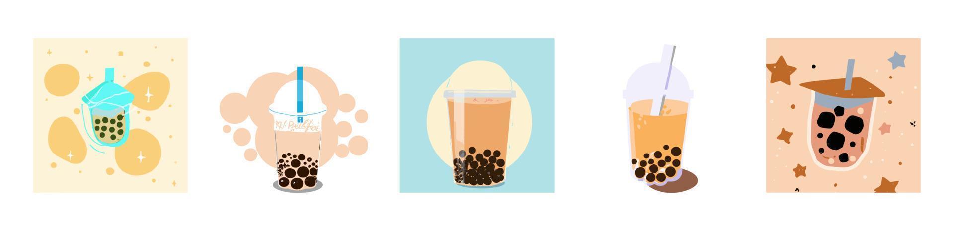 Chá com leite bolha, chá com leite de pérola, diferentes tipos de boba. bebidas saborosas. vetor