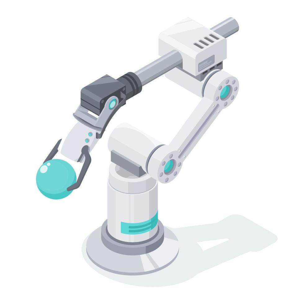 técnico de fábrica de braço de robô programando desenho de modelo isométrico de sistema inclinado em isolado branco simples e limpo vetor