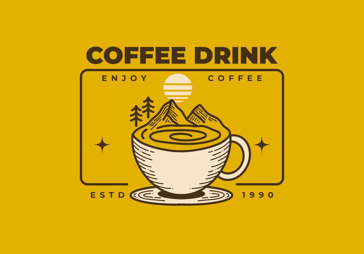 xícara de café retrô e design de ilustração de montanha vetor