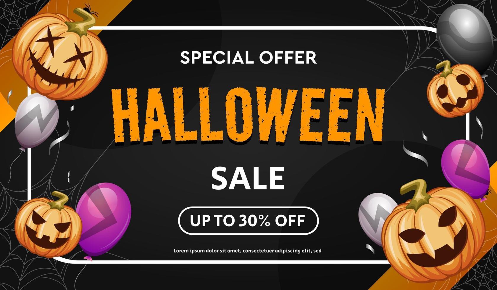 feliz banner de venda de halloween com elementos de halloween. ilustração vetorial para pôster, banner, desconto, oferta especial. vetor