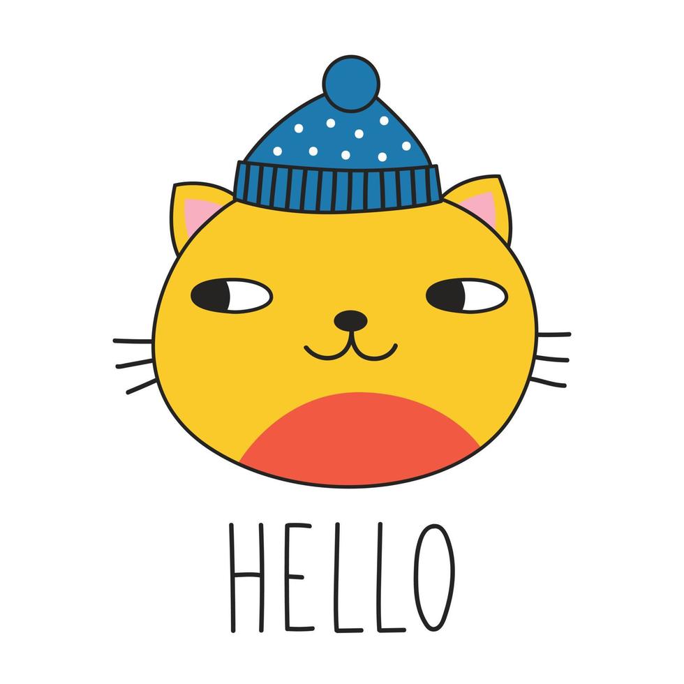 gato bonito com um chapéu de inverno e letras olá. estilo doodle. ilustração vetorial vetor