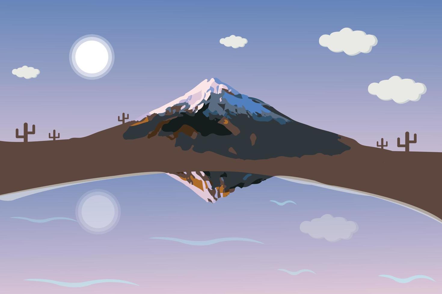 paisagem de montanha dos desenhos animados com céu azul, sol e nuvens, campo verde. a montanha reflete no vetor da cena dos desenhos animados do lago ou do rio 2d. colinas parecem pirâmides.