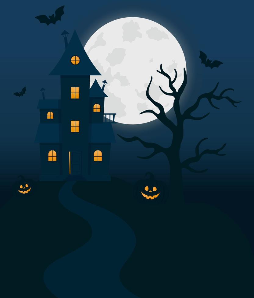 dia das bruxas com casa assombrada, lua cheia, abóboras e árvores. casa de halloween pode ser usada como flyer, banner ou pôster para festas noturnas. vetor