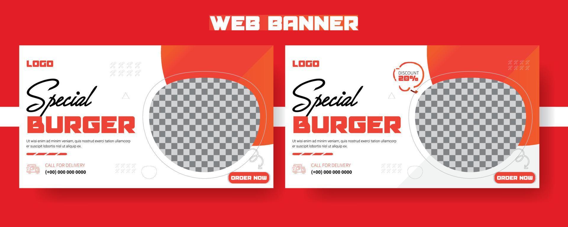 modelo de banner web de hambúrguer especial para marketing, conjunto de design moderno de banners web, modelo de banner de negócios profissional elegante, design de banner de comida, design de página de capa do facebook, banner web para anúncios. vetor