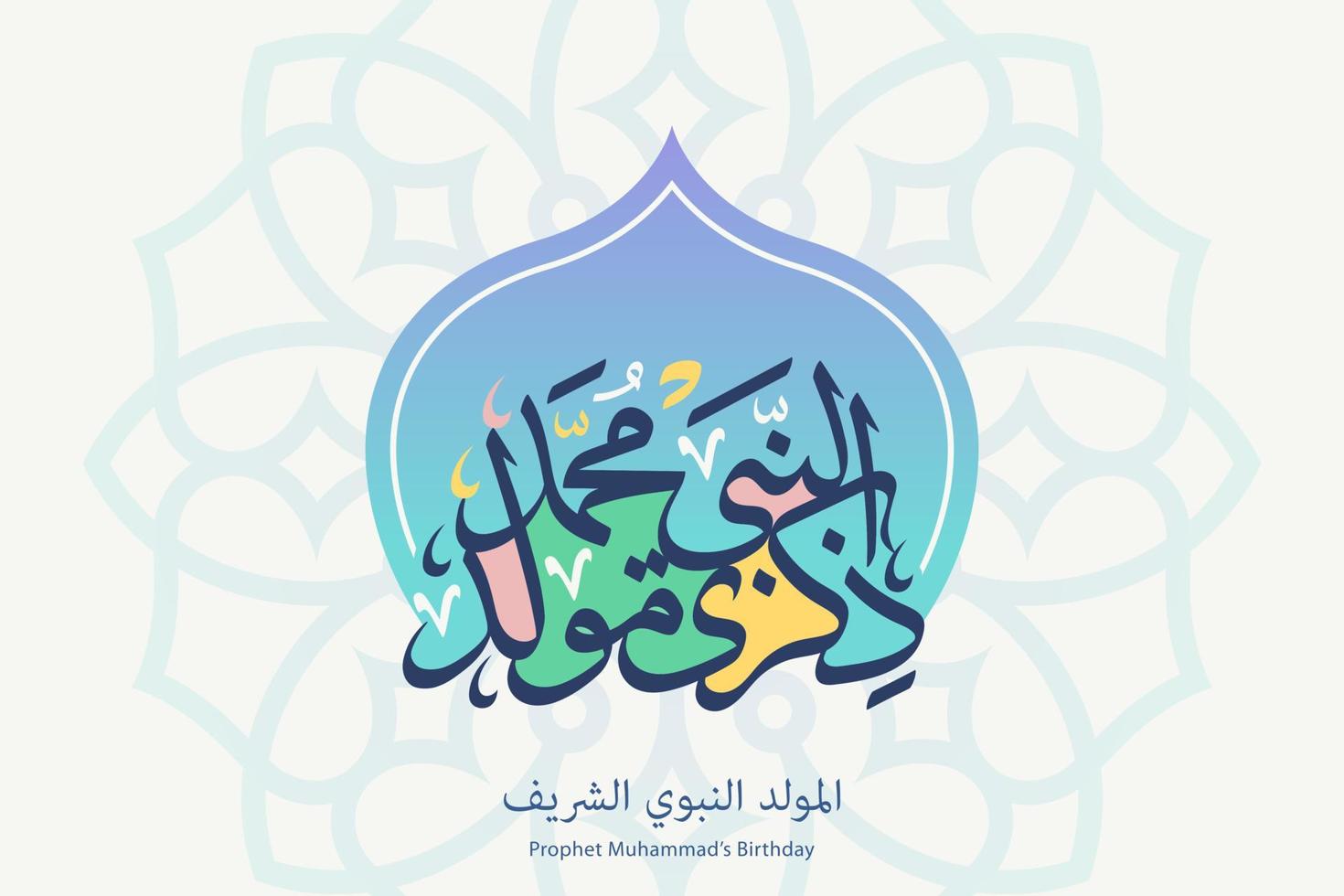 mawlid nabi muhammad cartão com caligrafia árabe e mandala islâmica. aniversário do profeta Maomé. vetor