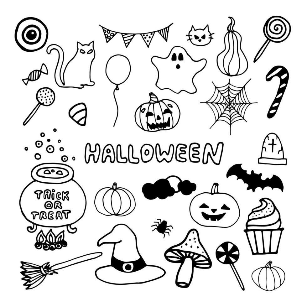 conjunto de rabiscos vetoriais desenhados à mão de halloween isolado no fundo branco vetor