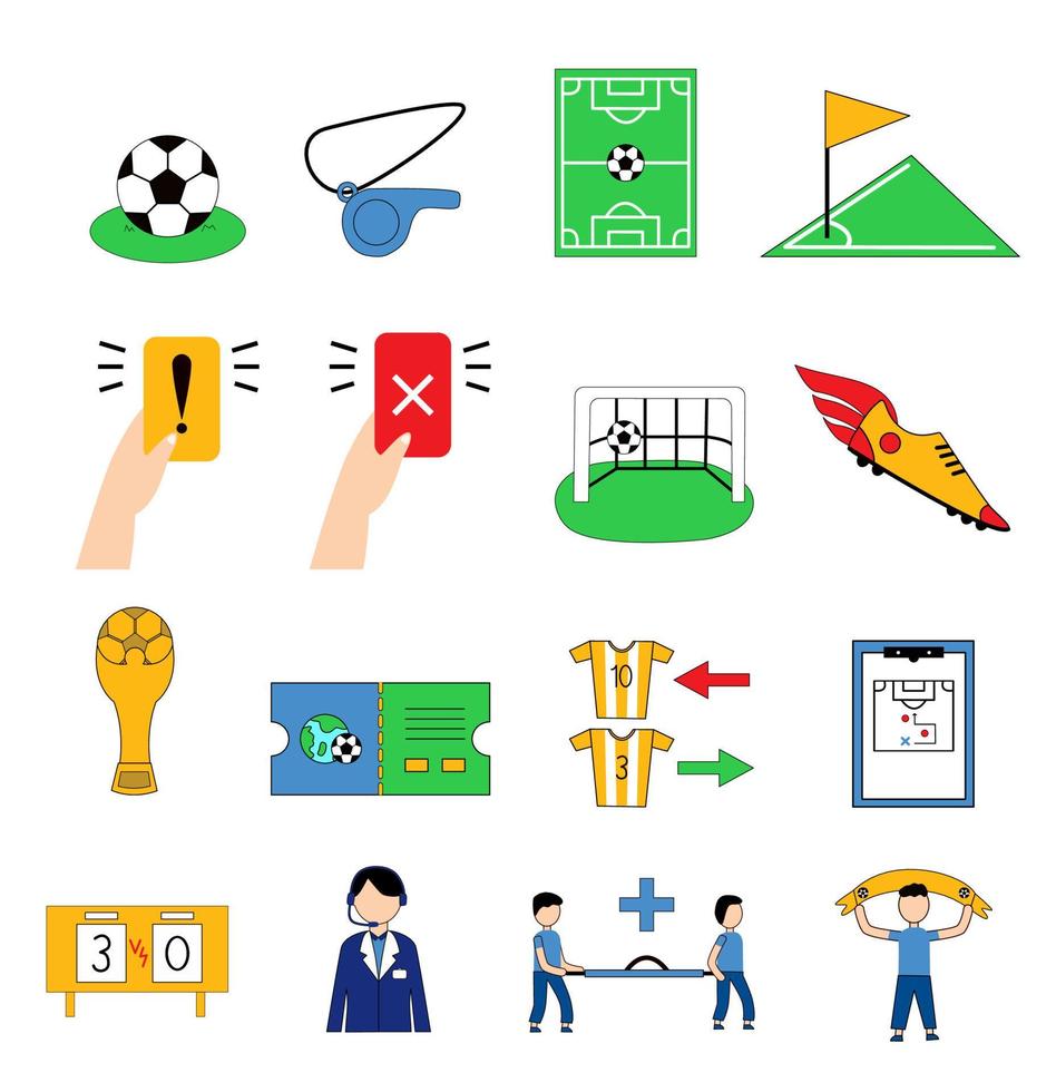 conjunto de ícones de futebol. coleção de ilustração vetorial de futebol, como bola de futebol, apito, campo de futebol, bandeira de canto, troféu, cartão amarelo e vermelho, estratégia de futebol e outros vetor