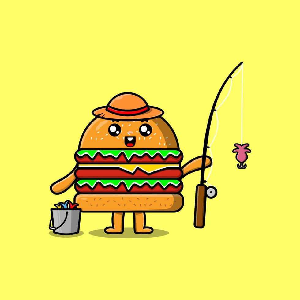 personagem de pesca pronto para hambúrguer bonito dos desenhos animados vetor