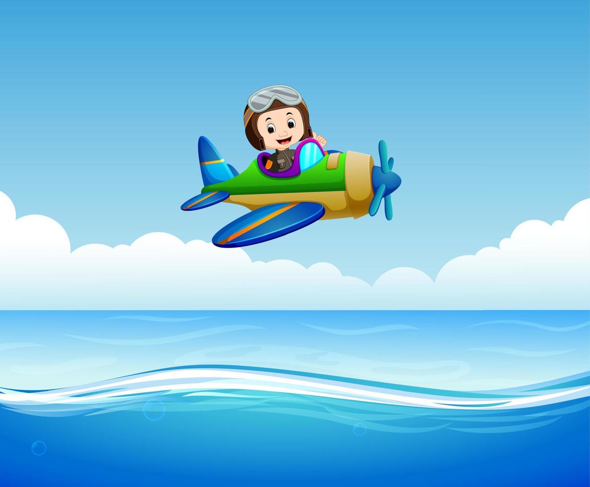 piloto andando de avião sobre o mar vetor