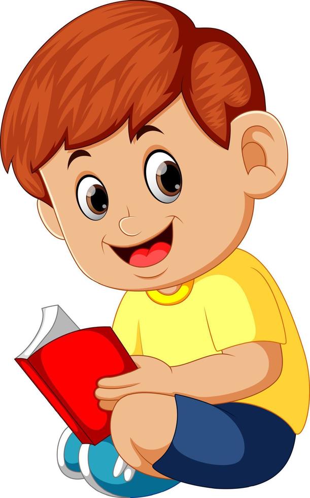 menino bonito lendo livro vetor