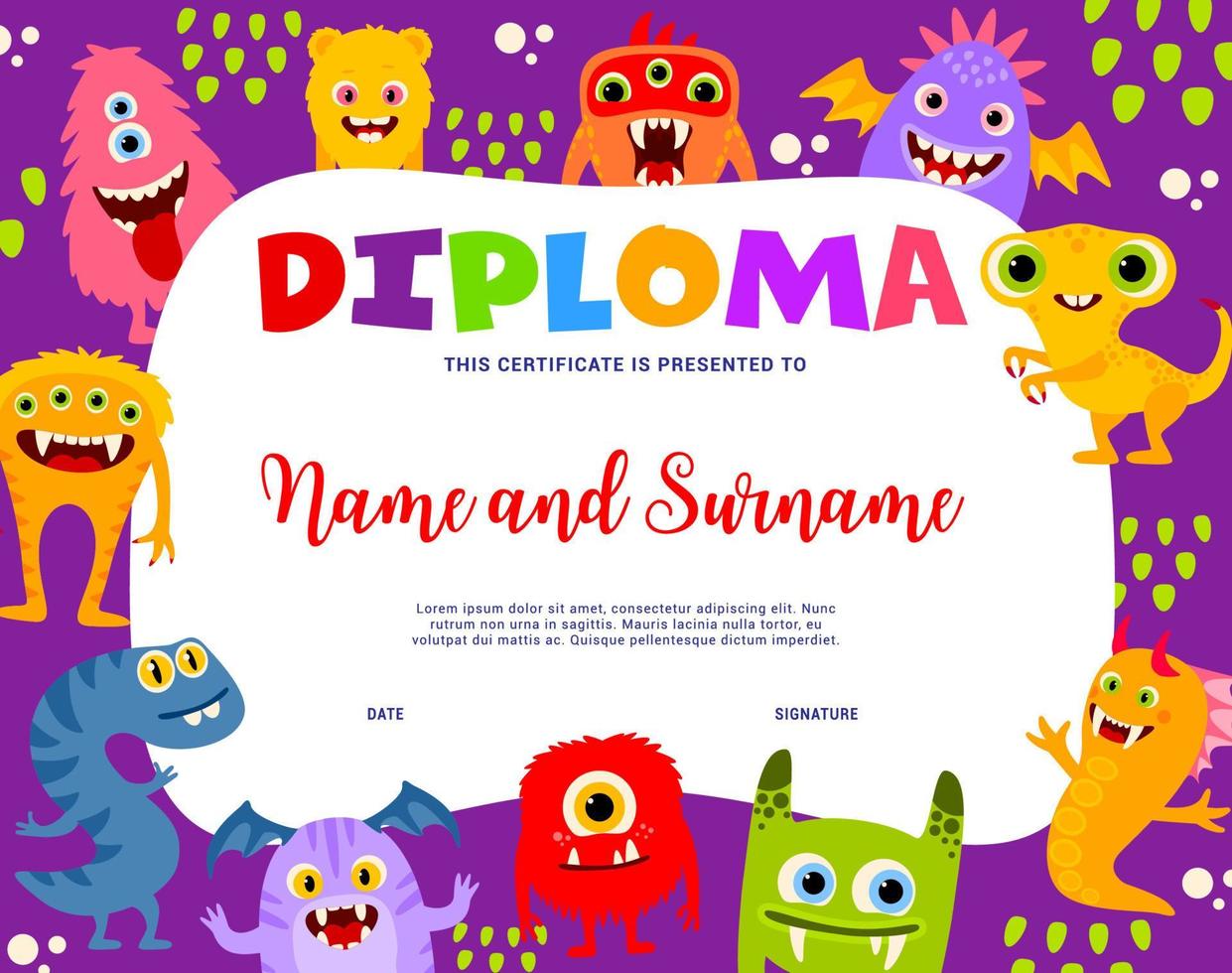 prêmio de personagens de monstro de desenho animado de diploma infantil vetor