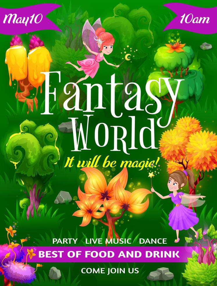 panfleto de mundo de fantasia, personagens de fadas e árvores vetor
