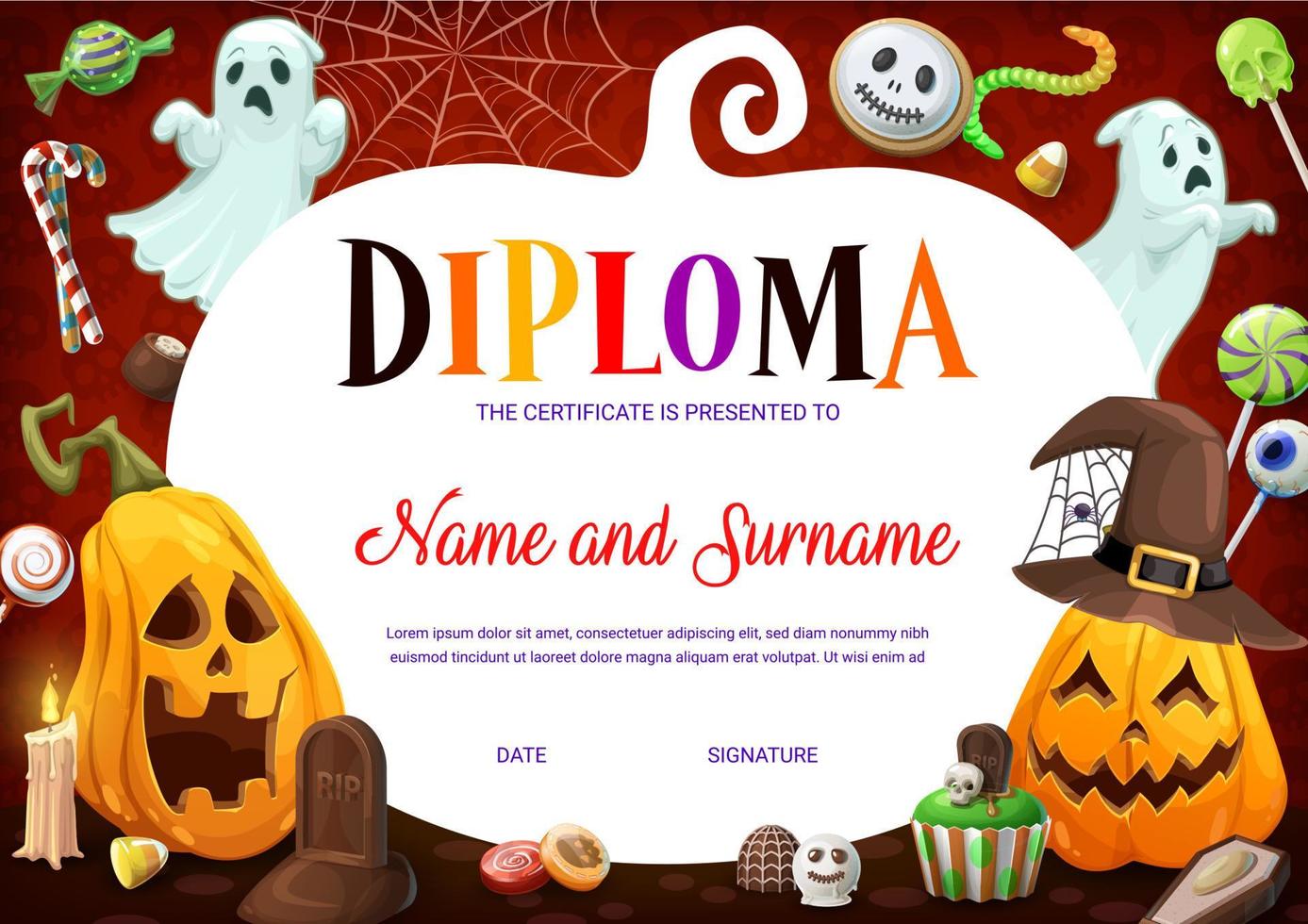 diploma de crianças de halloween com abóbora, fantasma, doces vetor