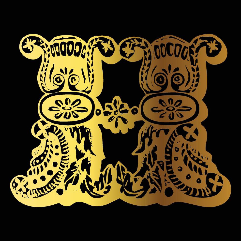 desenho de tatuagem de cor dourada h em fundo preto vetor