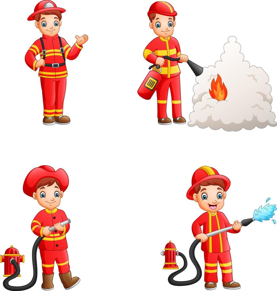 coleção de bombeiros dos desenhos animados com diferentes poses de ação vetor