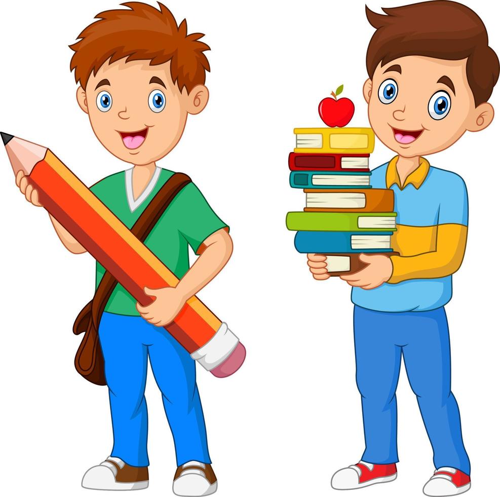 meninos dos desenhos animados seguram lápis com livro vetor