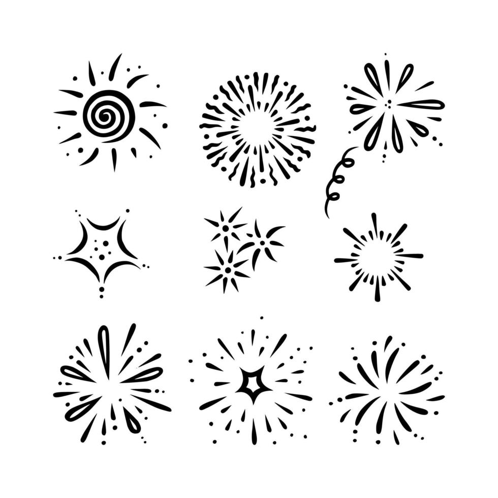 doodle conjunto de fogos de artifício. preliminares brilhantes para festas e comemorações. ilustração vetorial vetor