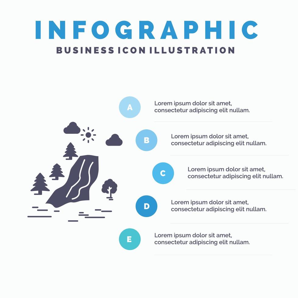 cascata. árvore. dor. nuvens. modelo de infográficos de natureza para site e apresentação. ícone de glifo cinza com ilustração em vetor estilo infográfico azul.