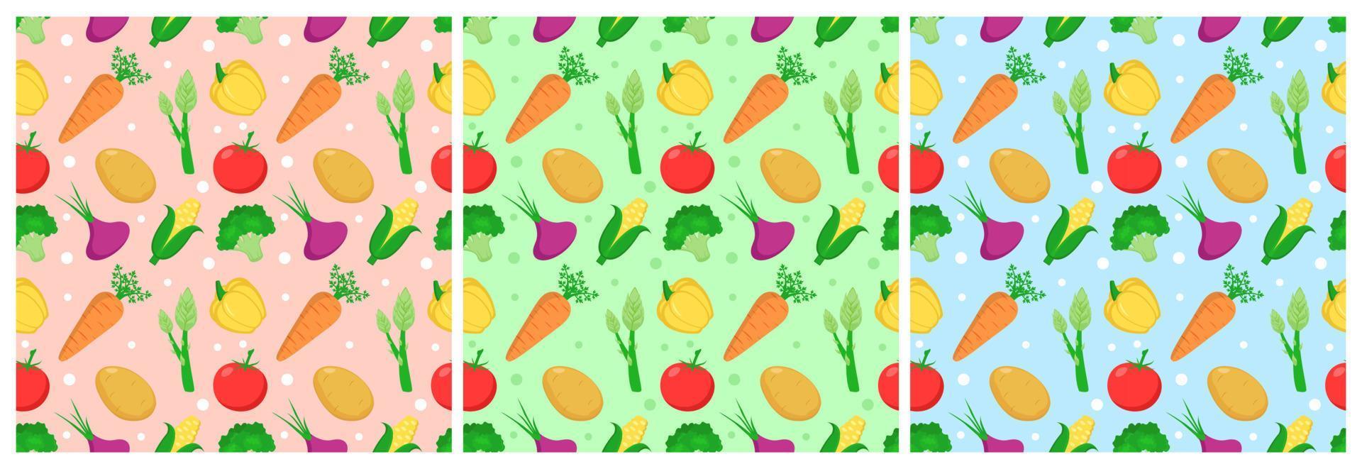 conjunto de design de padrão sem costura vegetariano, frutas ou legumes com alimentos frescos, orgânicos e naturais na mão desenhada ilustração de fundo de desenho animado plano vetor