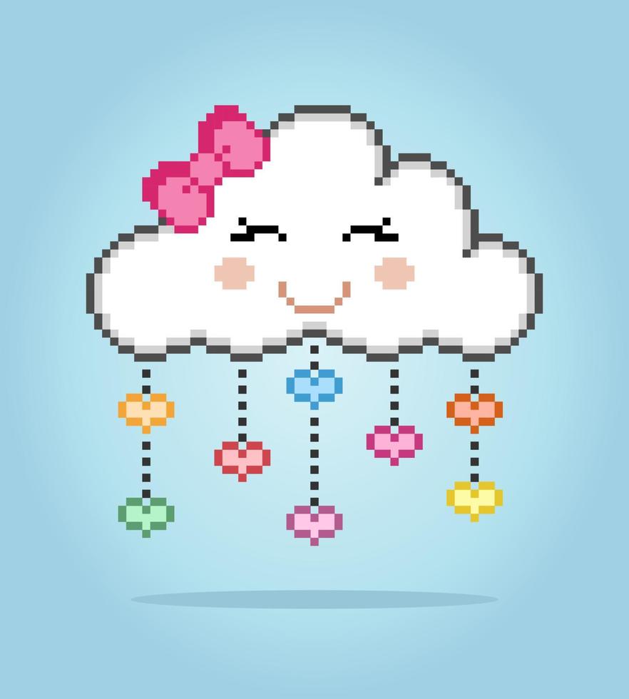 Nuvem de rosto de desenho animado bonito de pixel de 8 bits com pingos de chuva coloridos. nuvem natural para ativos de jogos em ilustração vetorial. vetor
