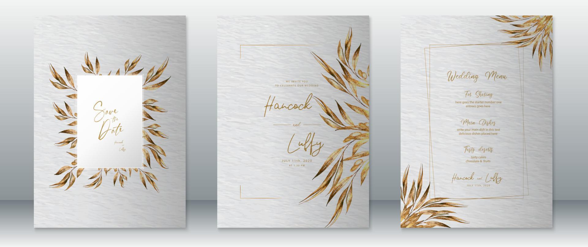 modelo de cartão de convite de casamento elegante com design dourado vetor