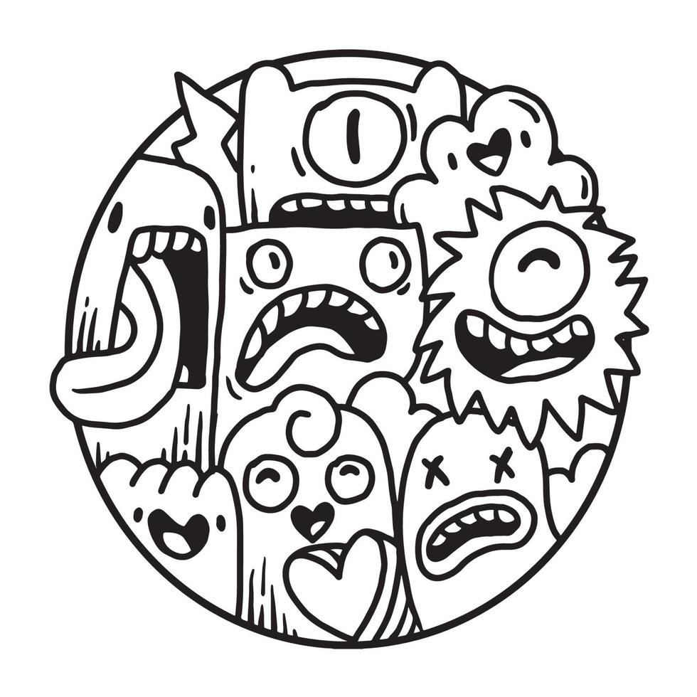 doodle monstro fofo em círculo vetor