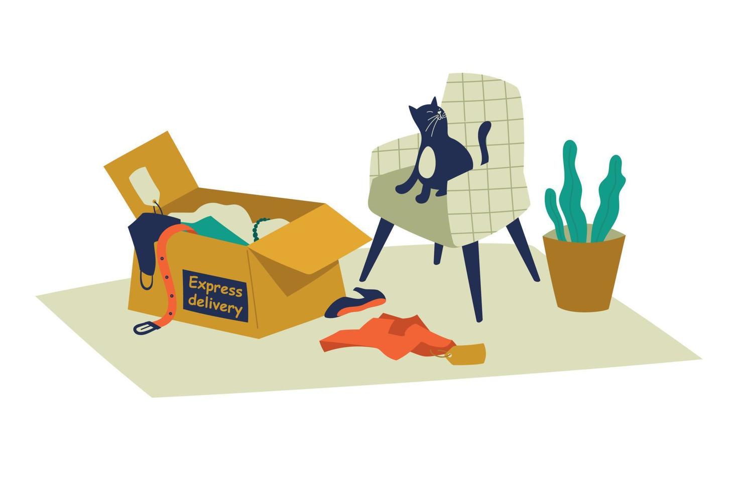 entrega de compras online. uma caixa com mercadorias entregues no interior, um gato se senta em uma cadeira. imagem vetorial. vetor