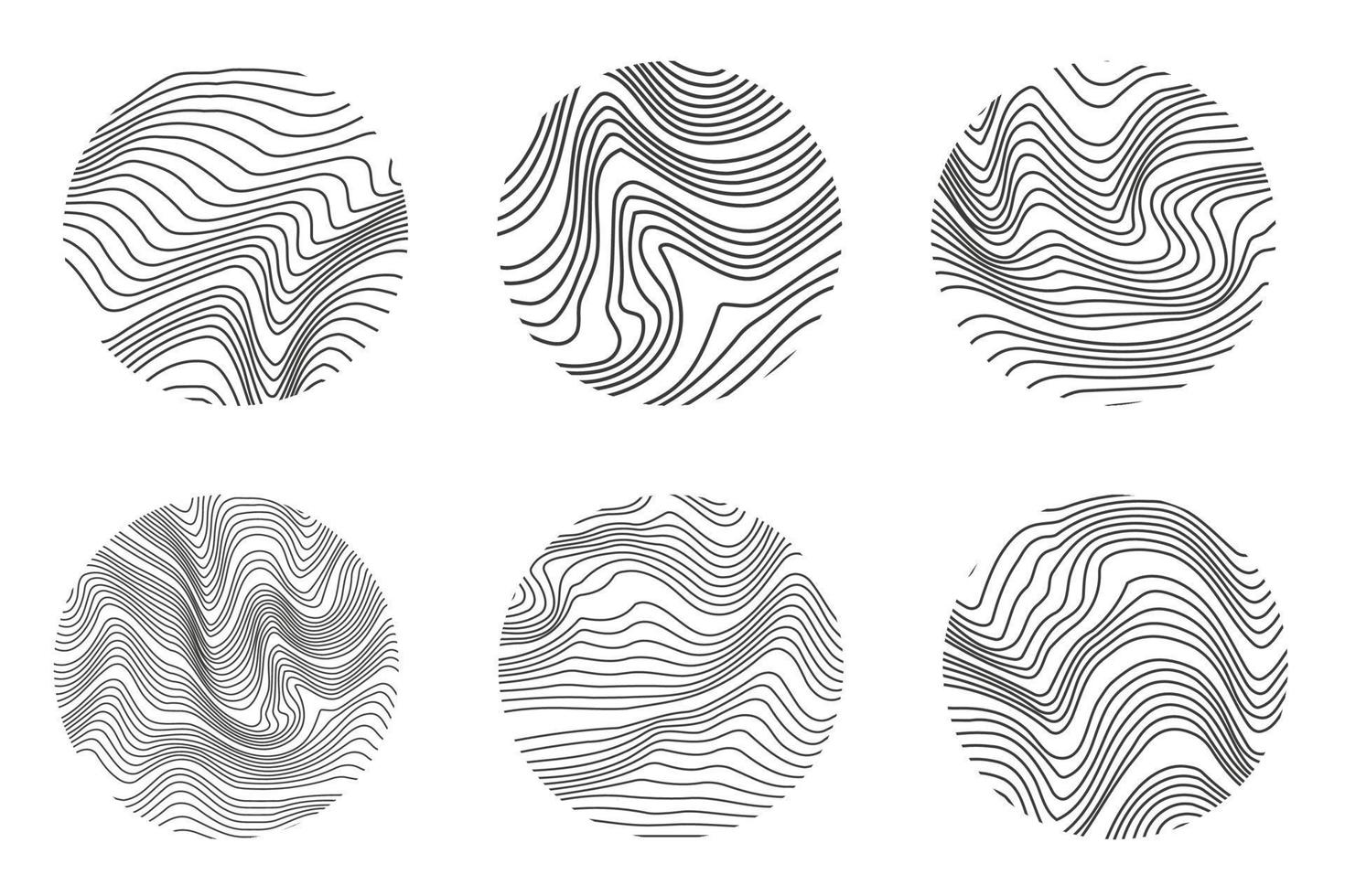 textura de madeira com linhas de topografia. padrões ondulados de ondulação orgânica. conjunto de anéis de árvore. ilustração vetorial doodle. vetor