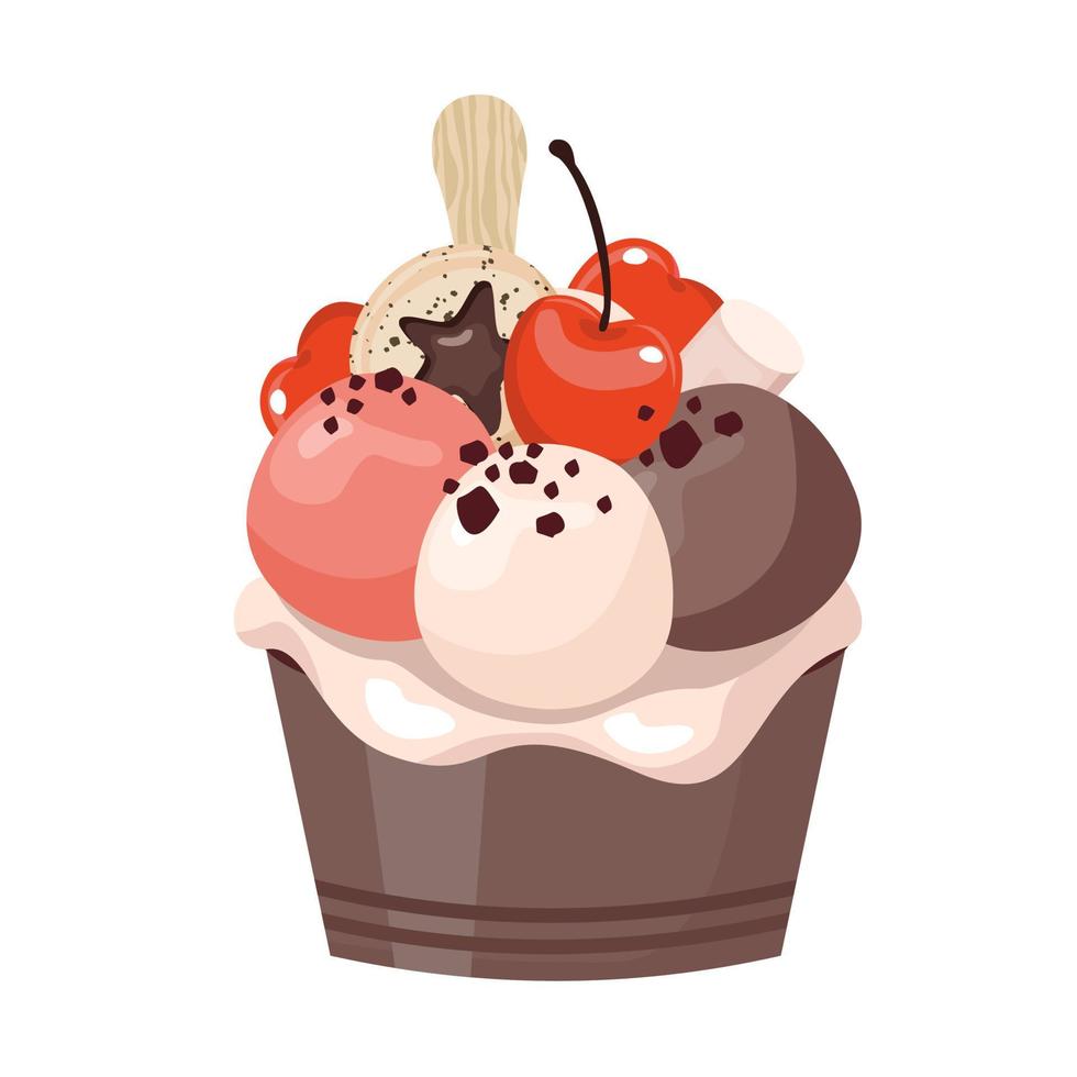 bolas de sorvete colorido em uma tigela com cerejas e waffles. vetor
