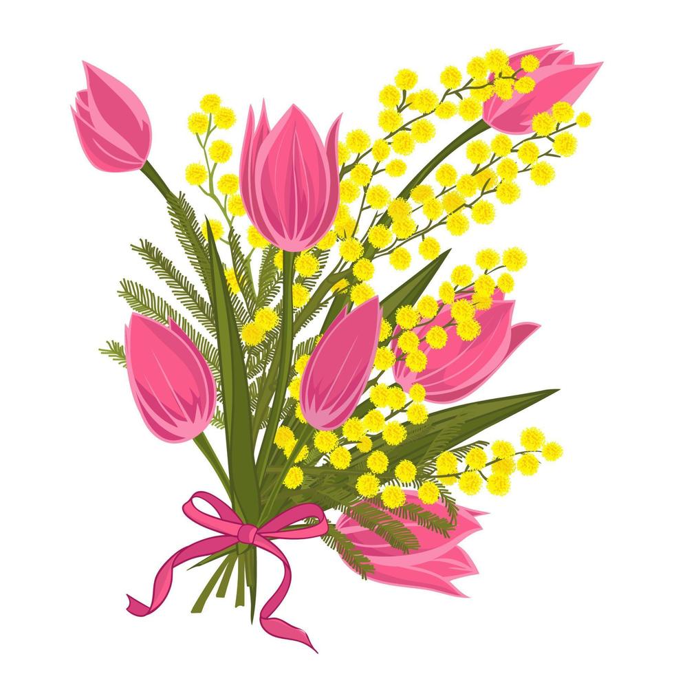 fundo floral primavera com lindo buquê de tulipas e flor de mimosa vetor