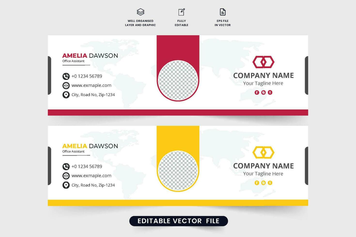 design de assinatura de e-mail de autor individual com cores vermelhas e amarelas. vetor de modelo de interface web mailing com espaços reservados para fotos. assinatura de e-mail para funcionários e empresas de escritórios corporativos.