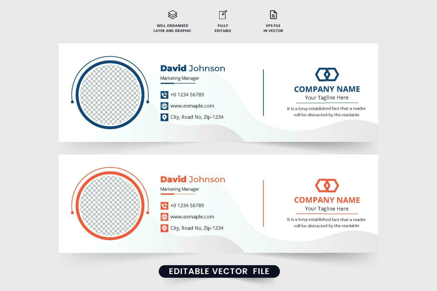 modelo de assinatura de e-mail moderno para negócios corporativos. design de layout de assinatura de e-mail mínimo com cores azuis e laranja. vetor de assinatura de e-mail digital com espaços reservados para fotos e formas geométricas.