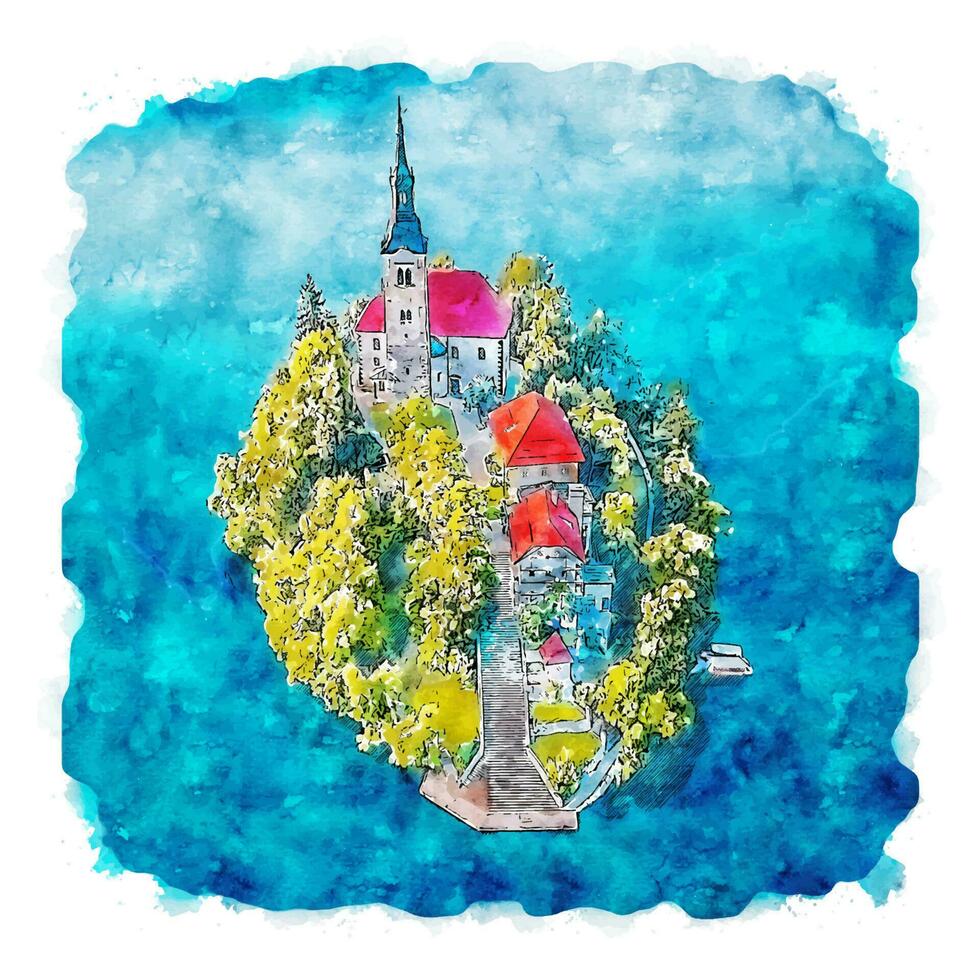 bled eslovênia esboço em aquarela ilustração desenhada à mão vetor