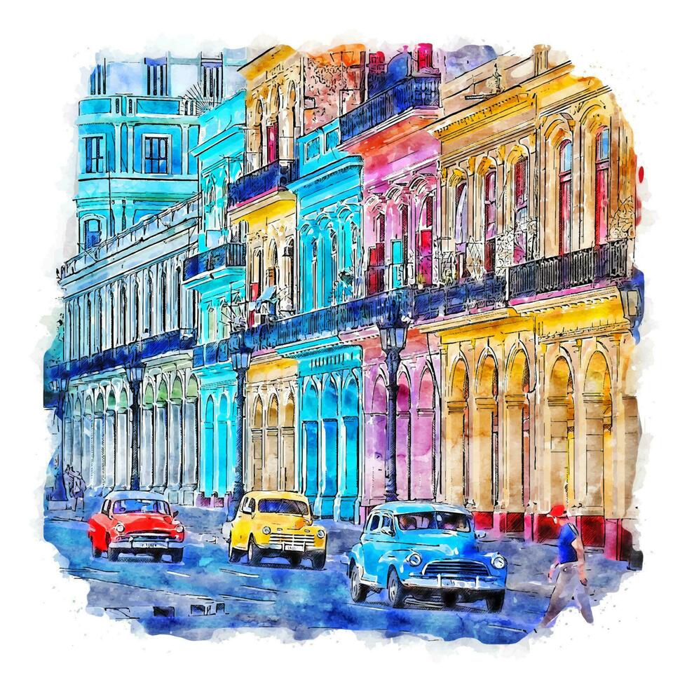 havana cuba esboço em aquarela ilustração desenhada à mão vetor