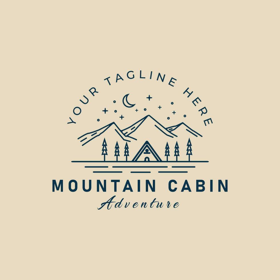 logotipo de arte de linha de cabine de montanha com design de ilustração vetorial de floresta e lua vetor