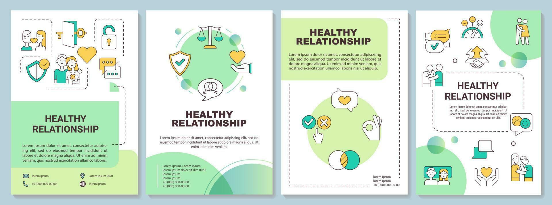 modelo de folheto verde de características de relacionamento saudável. design de folheto com ícones lineares. 4 layouts vetoriais para apresentação, relatórios anuais. vetor