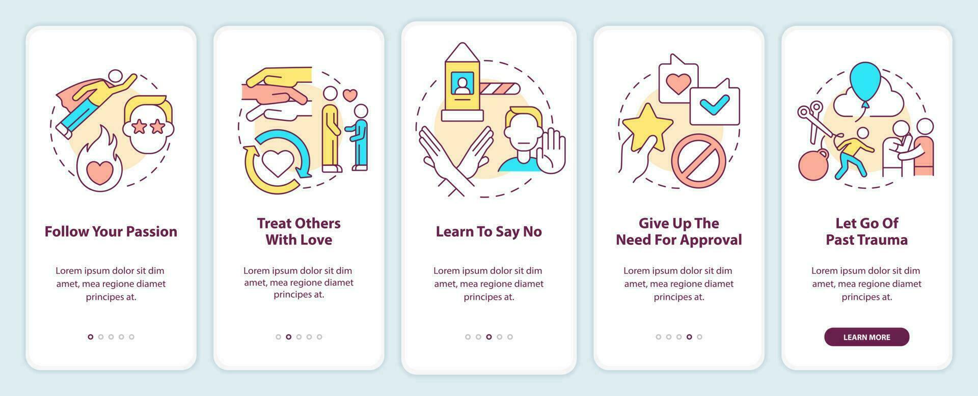 atividades para o amor próprio na tela do aplicativo móvel. siga a paixão passo a passo 5 passos páginas de instruções gráficas com conceitos lineares. ui, ux, modelo de gui. vetor