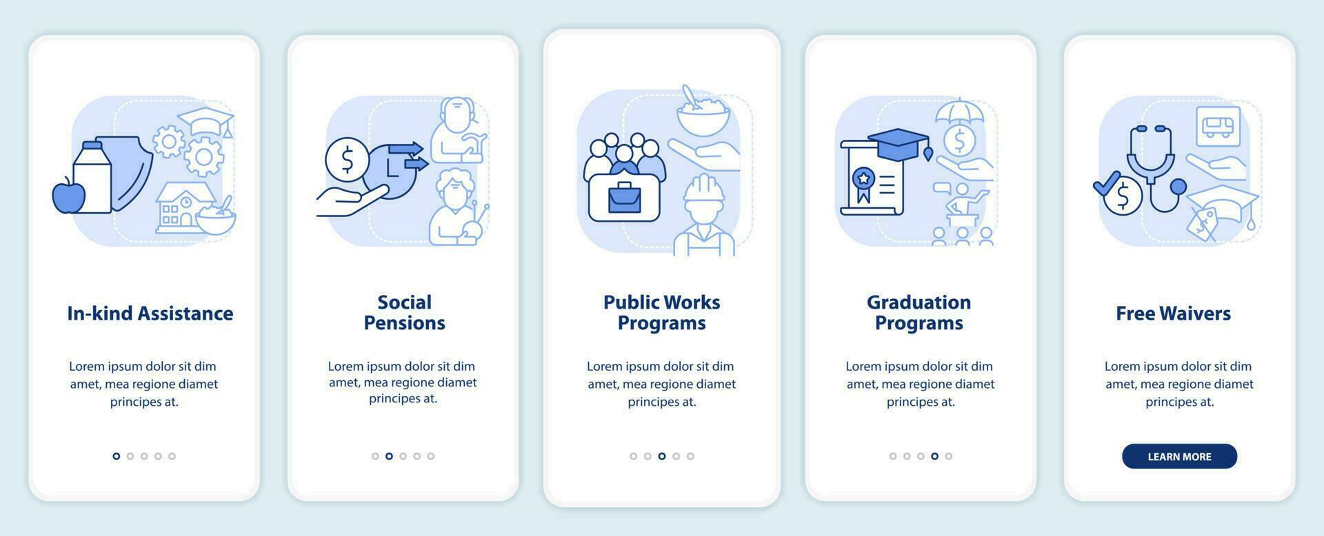 exemplos de assistência social tela de aplicativo móvel de integração em azul claro. passo a passo 5 passos páginas de instruções gráficas com conceitos lineares. ui, ux, modelo de gui. vetor