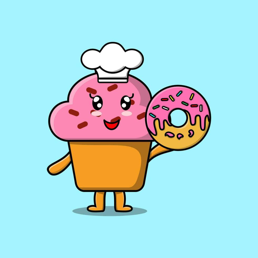 rosquinhas de personagem de chef de cupcake de desenho bonito vetor