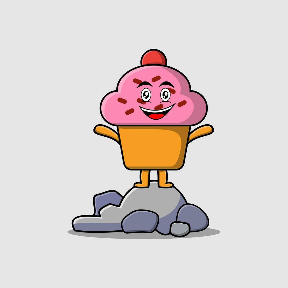 personagem de cupcake bonito dos desenhos animados em pé na pedra vetor