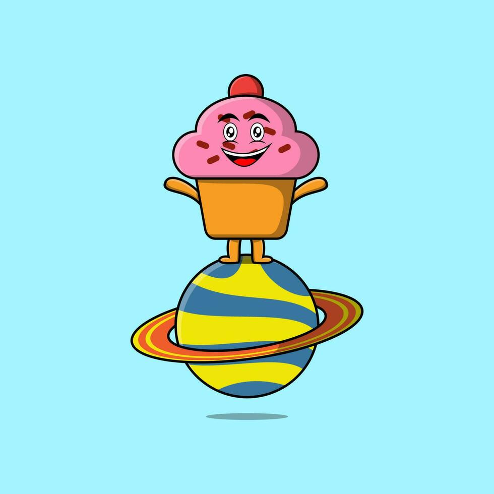 personagem de cupcake bonito dos desenhos animados em pé no planeta vetor