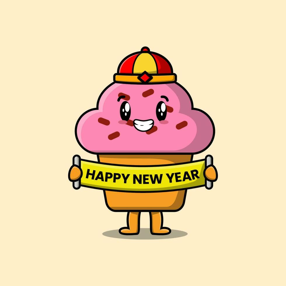 cupcake de desenho animado chinês segura placa de feliz ano novo vetor