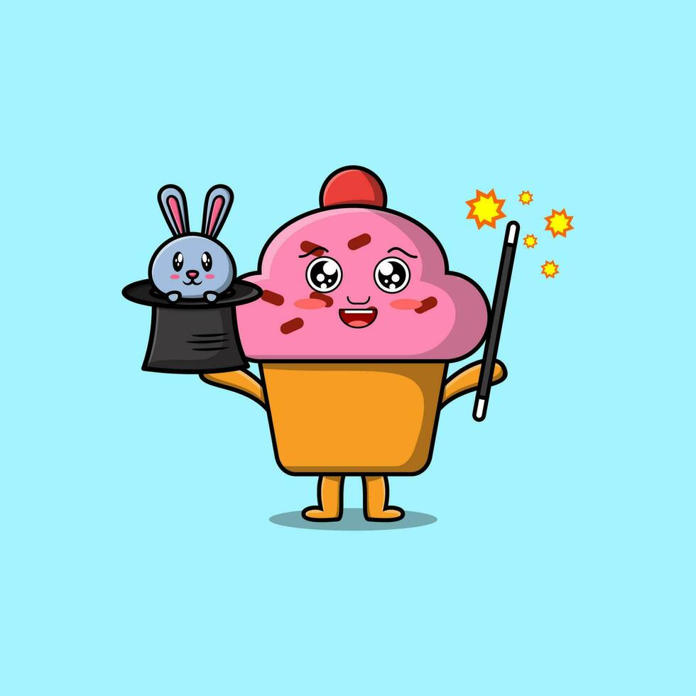 personagem de mágico de cupcake bonito dos desenhos animados com coelho vetor